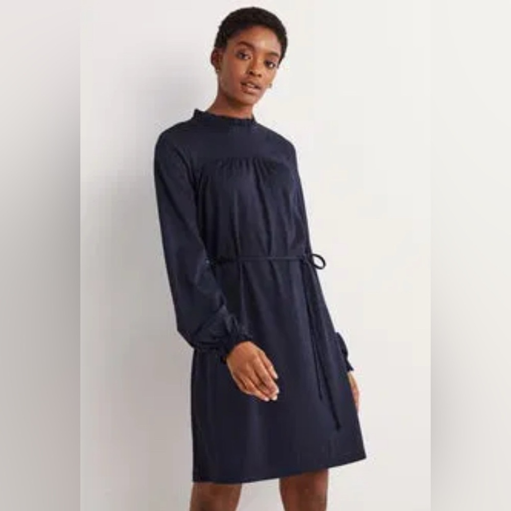 Boden easy yoke navy frill long sleeve mini dress women’s 2 nwt